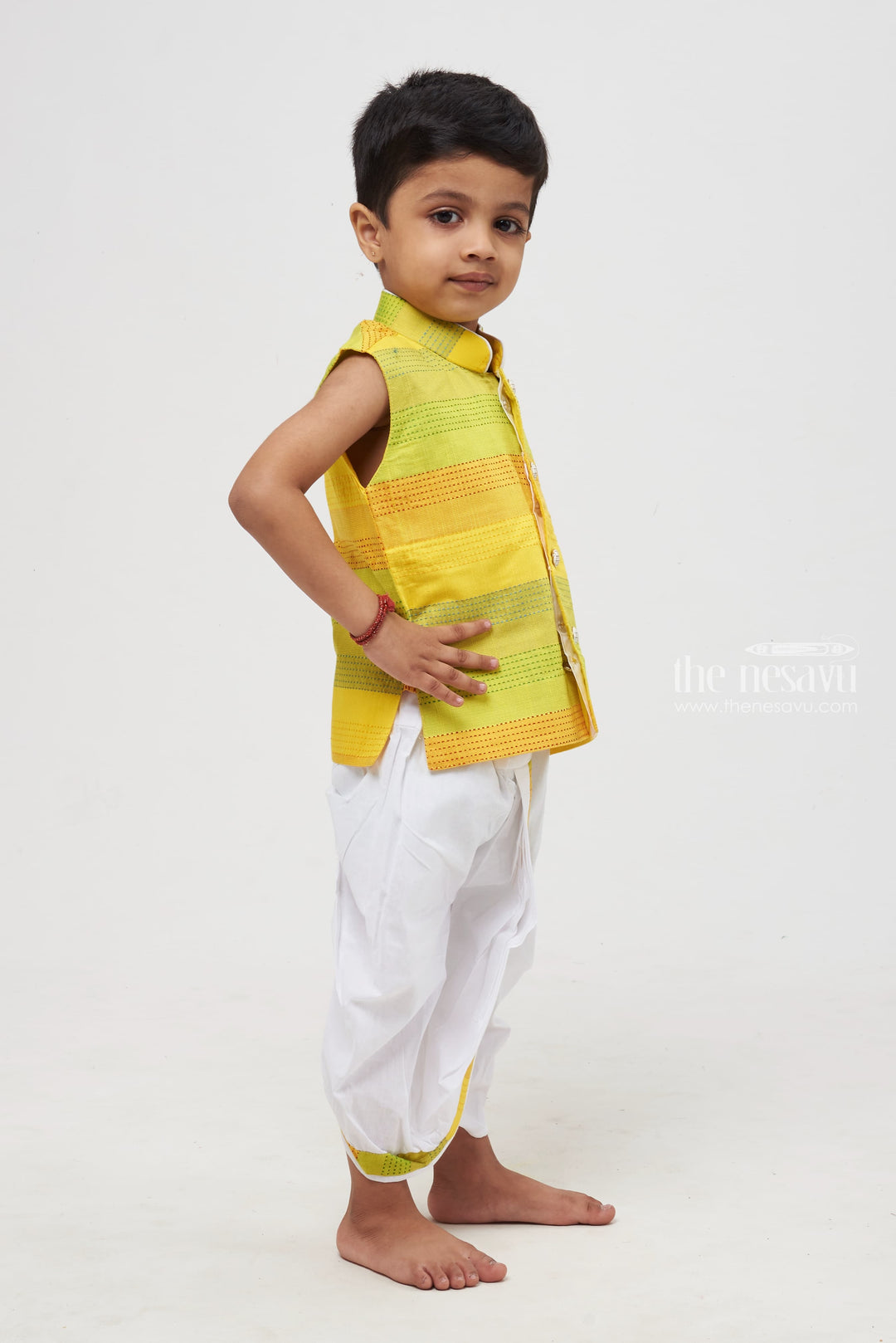 The Nesavu Boys Dothi Set Luminous Elegance: Gradient Green Striped Kurta Shirt & Panchagajam Set for Boys Nesavu Boys Gradient Green Kurta Shirt and White Dhoti Panchagajam Set - Traditional Festive Wear