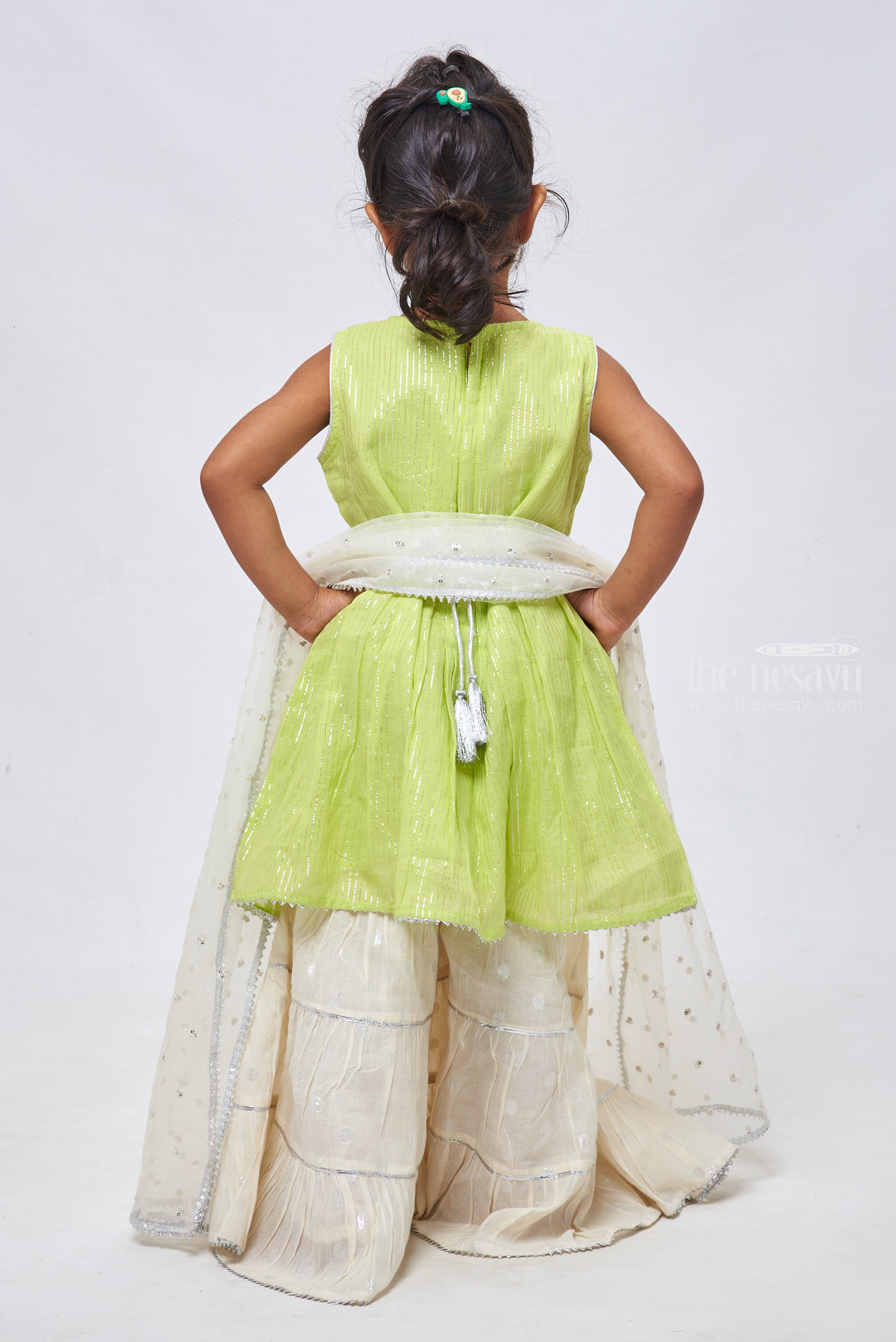 The Nesavu Girls Sharara / Plazo Set Lurex Zari Embroidered Pleated Green Kurti & Sharara: Chic Elegance for Girls Nesavu Kurti With Sharara Set for Girls | Perfect Ocassional Wear | the Nesavu