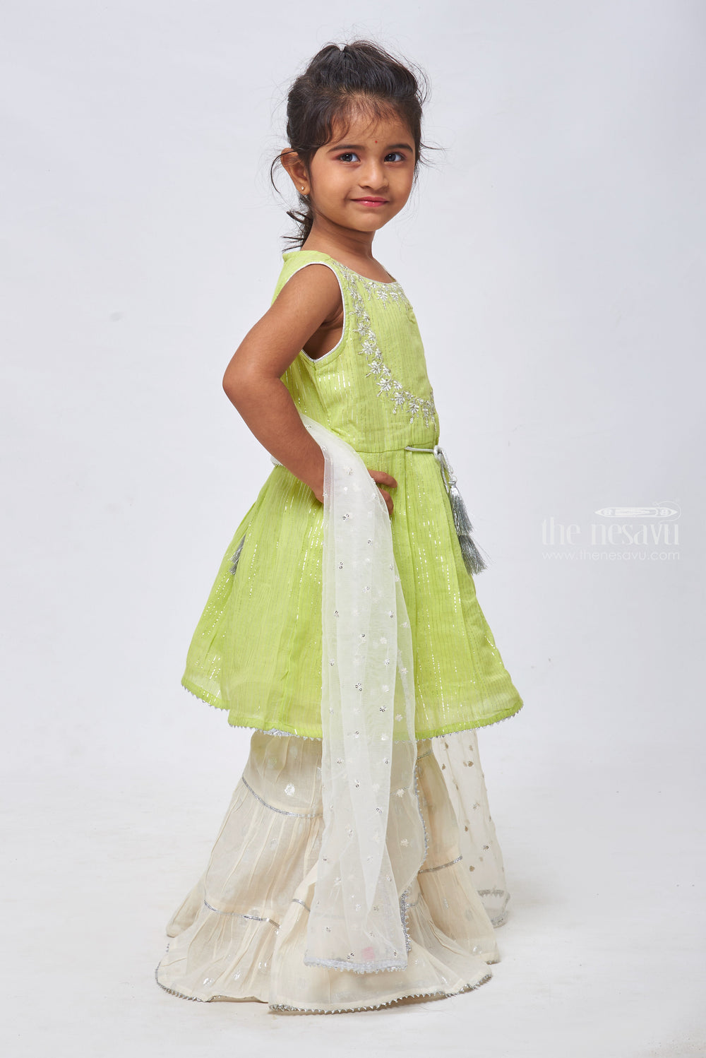 The Nesavu Girls Sharara / Plazo Set Lurex Zari Embroidered Pleated Green Kurti & Sharara: Chic Elegance for Girls Nesavu Kurti With Sharara Set for Girls | Perfect Ocassional Wear | the Nesavu