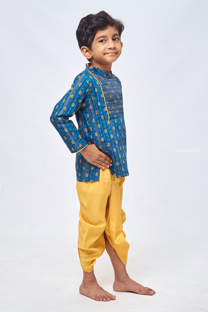 The Nesavu Boys Dothi Set Lustrous Blue Kurta: Embellished with Lurex Zari and Sequin Paired with Yellow Panchagajam Dothi Nesavu Designer Boys Ethnic Outfit | Boys Ethnic Kurta and Panchagajam Set | The Nesavu