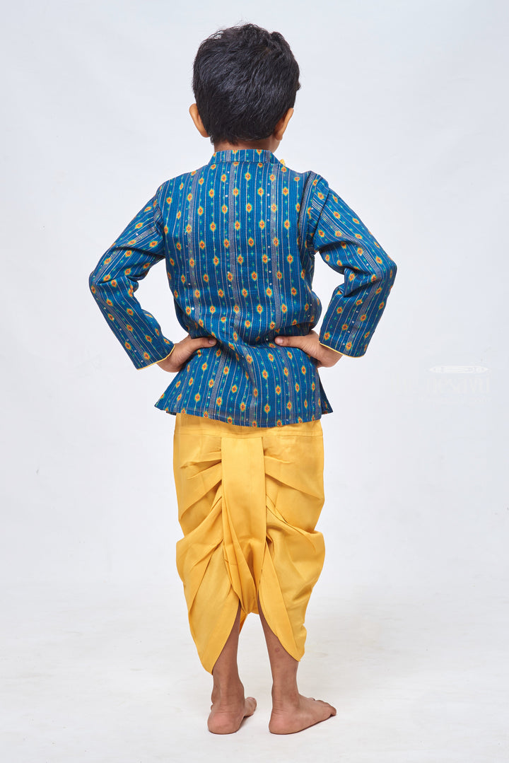 The Nesavu Boys Dothi Set Lustrous Blue Kurta: Embellished with Lurex Zari and Sequin Paired with Yellow Panchagajam Dothi Nesavu Designer Boys Ethnic Outfit | Boys Ethnic Kurta and Panchagajam Set | The Nesavu