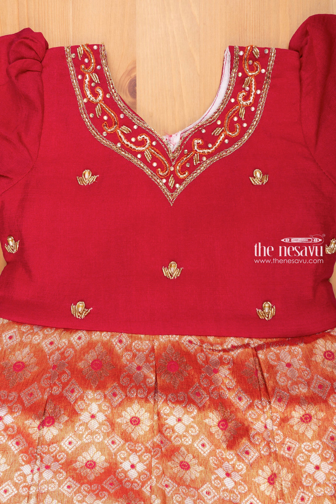 The Nesavu Silk Frock Lustrous Red Banarasi Pleats with Zari Embellishments: Puffed Sleeve Glamour for Little Divas Nesavu Banarasi Designer Silk Frock | New Pattu Frock Collections for Girls | the Nesavu