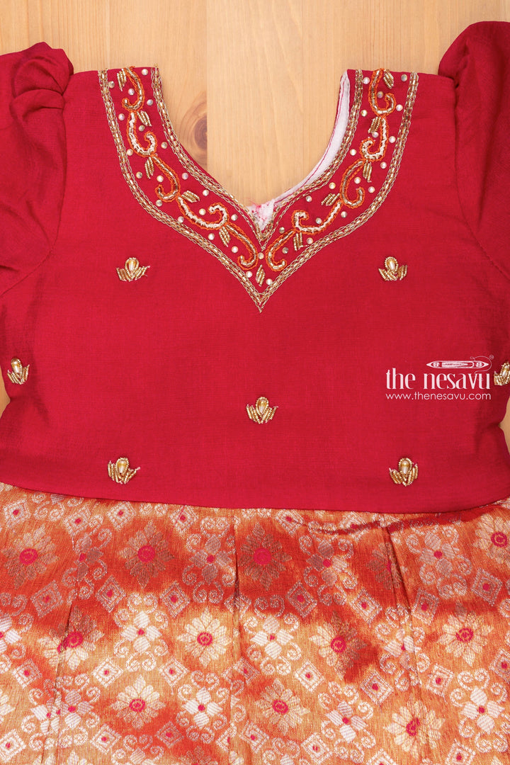 The Nesavu Silk Frock Lustrous Red Banarasi Pleats with Zari Embellishments: Puffed Sleeve Glamour for Little Divas Nesavu Banarasi Designer Silk Frock | New Pattu Frock Collections for Girls | the Nesavu