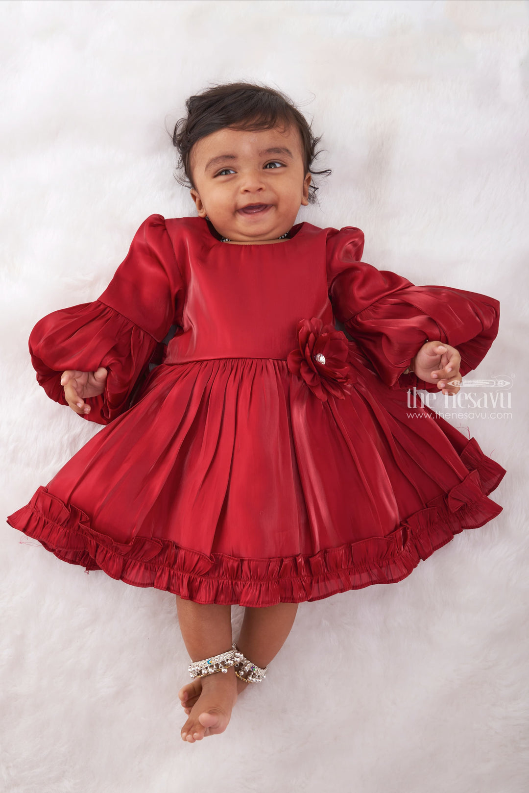 The Nesavu Baby Fancy Frock Lustrous Ruby Red Organza Baby Dress with Exquisite Floral Detail Nesavu 14 (6M) / Red / Organza Plain BFJ476C-14 Little Baby Frocks for Diwali Festives | Premium Baby Frocks for Girls | The Nesavu