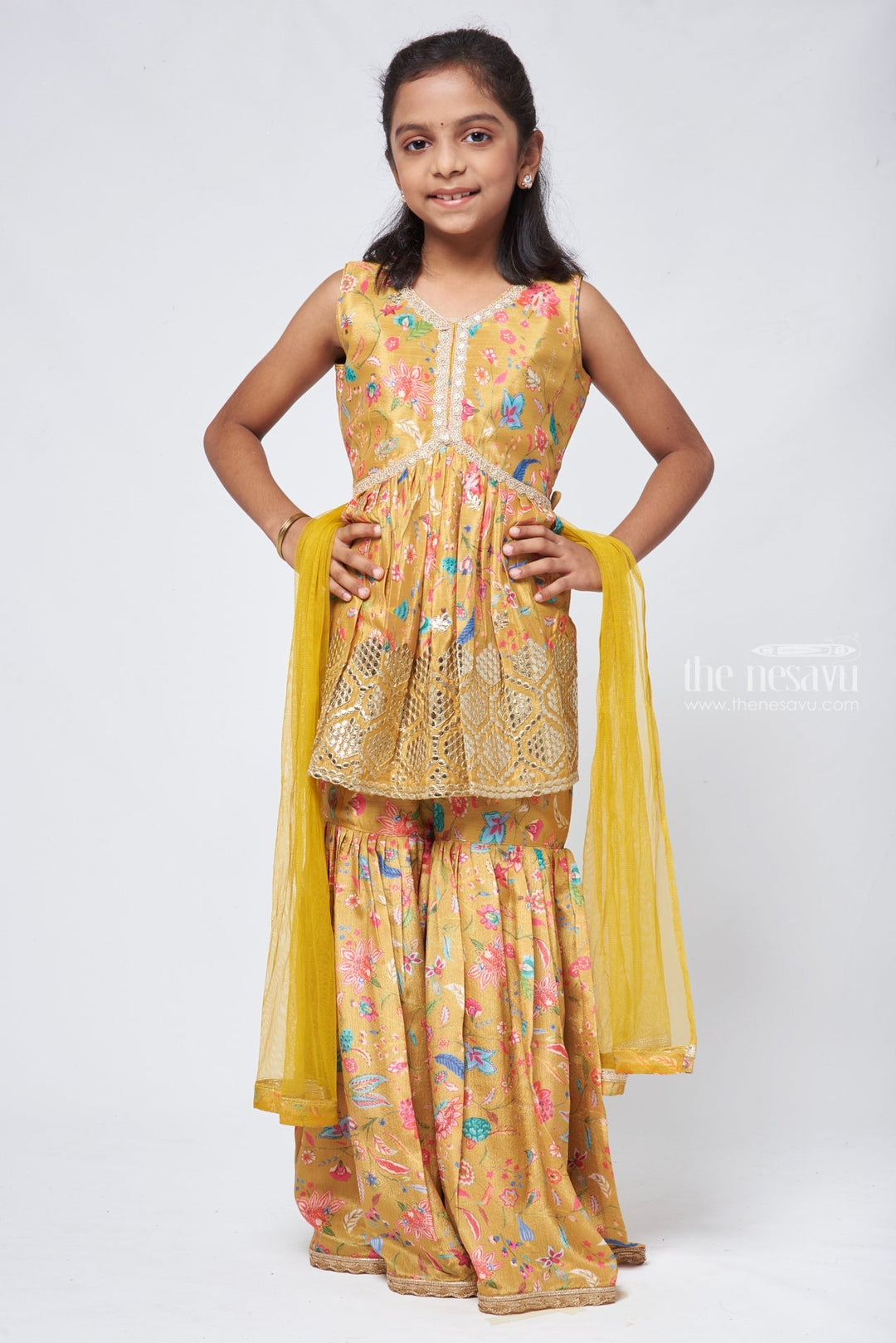 The Nesavu Sets & Suits Lustrous Sequins Embroidered Yellow Peplum Kurti with Palazzo: Indian Festive Charm. Nesavu 28 (7Y) / Yellow GPS158B-28 Yellow Kurti with Palazzo set for Girls | New Trendy Designs | The Nesavu