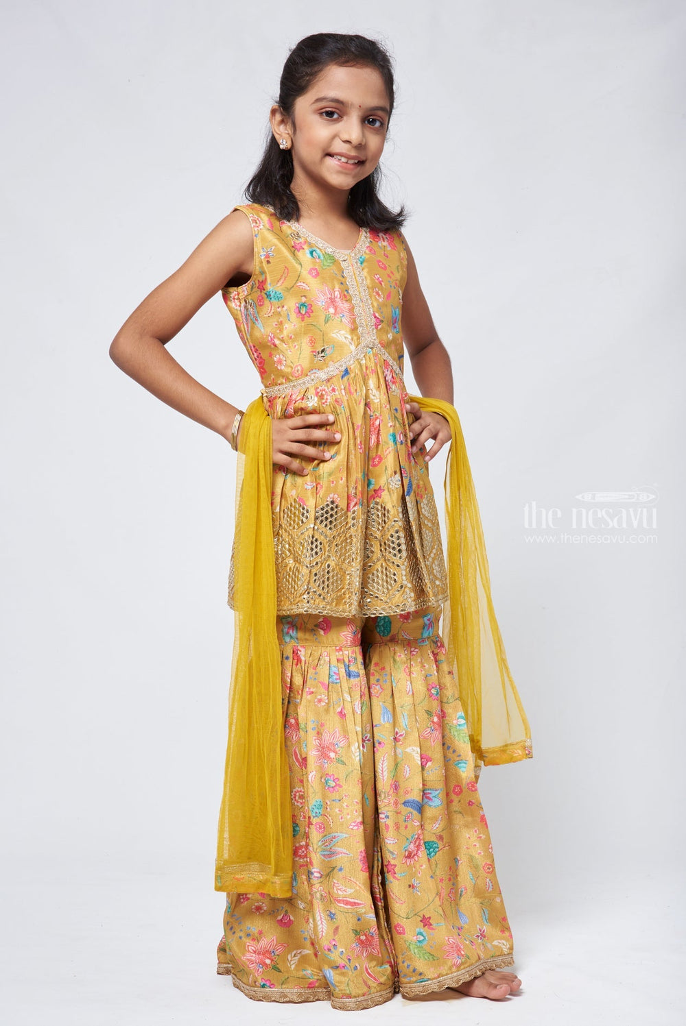 The Nesavu Sets & Suits Lustrous Sequins Embroidered Yellow Peplum Kurti with Palazzo: Indian Festive Charm. Nesavu Yellow Kurti with Palazzo set for Girls | New Trendy Designs | The Nesavu