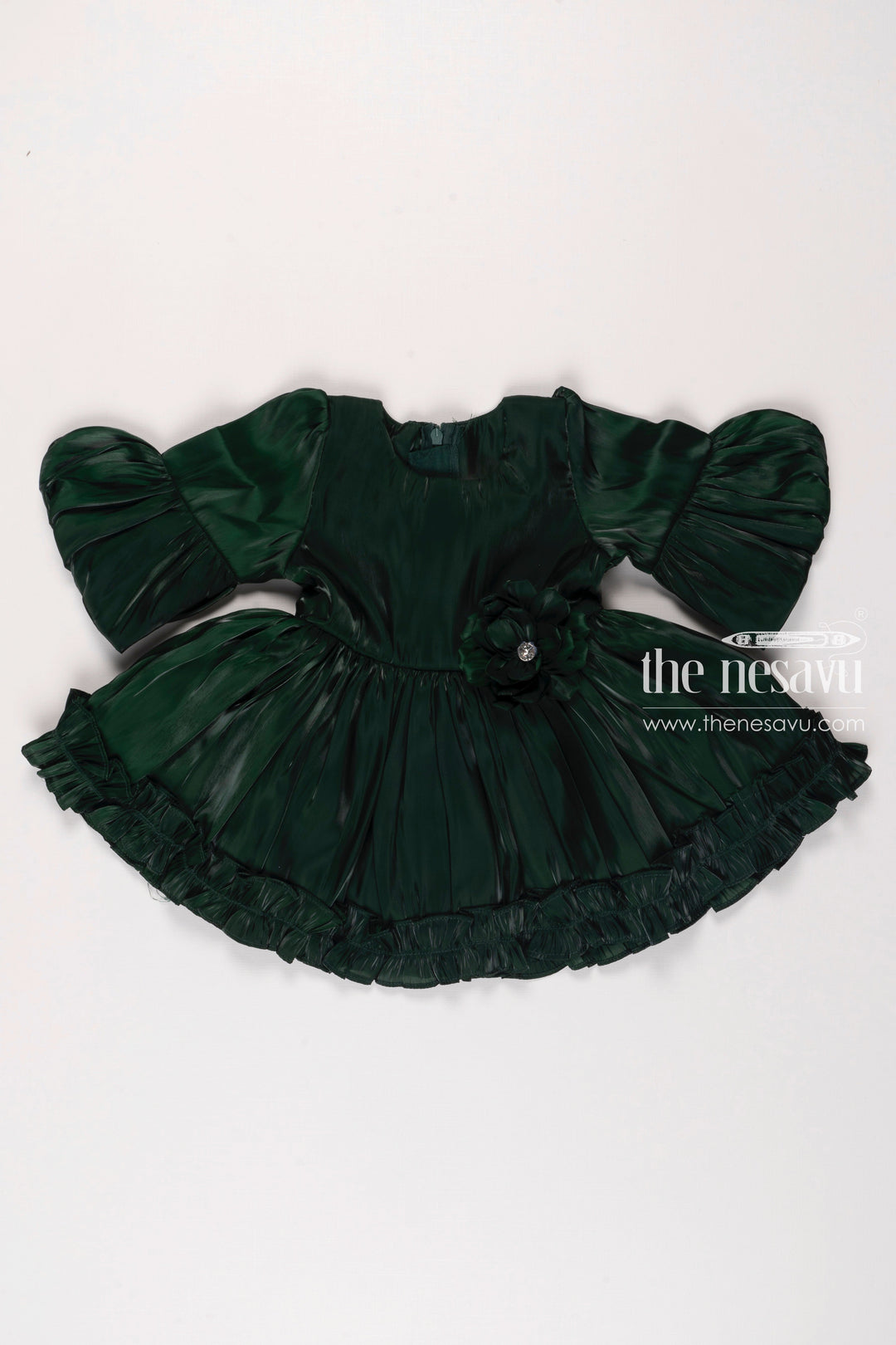The Nesavu Baby Fancy Frock Luxe Emerald Infant Party Dress  Designer Newborn Frock with Ruffle Detail Nesavu 14 (6M) / Green / Organza BFJ476E-14 Newborn Designer Dresses | Infant Party Dresses | Exclusive Baby Clothes Online | The Nesavu