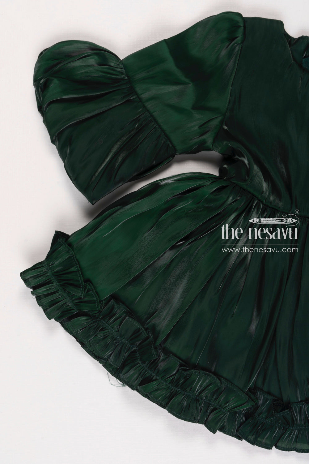 The Nesavu Baby Fancy Frock Luxe Emerald Infant Party Dress  Designer Newborn Frock with Ruffle Detail Nesavu Newborn Designer Dresses | Infant Party Dresses | Exclusive Baby Clothes Online | The Nesavu
