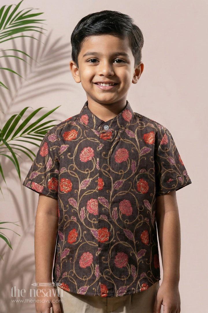 The Nesavu Boys Cotton Shirt Luxurious Boys Chanderi Floral Print Shirtfestive & Traditional Wear Nesavu 16 (1Y) / Gray / Chanderi BS158A-16 Luxurious Boys Chanderi Floral Print Shirt | The Nesavu