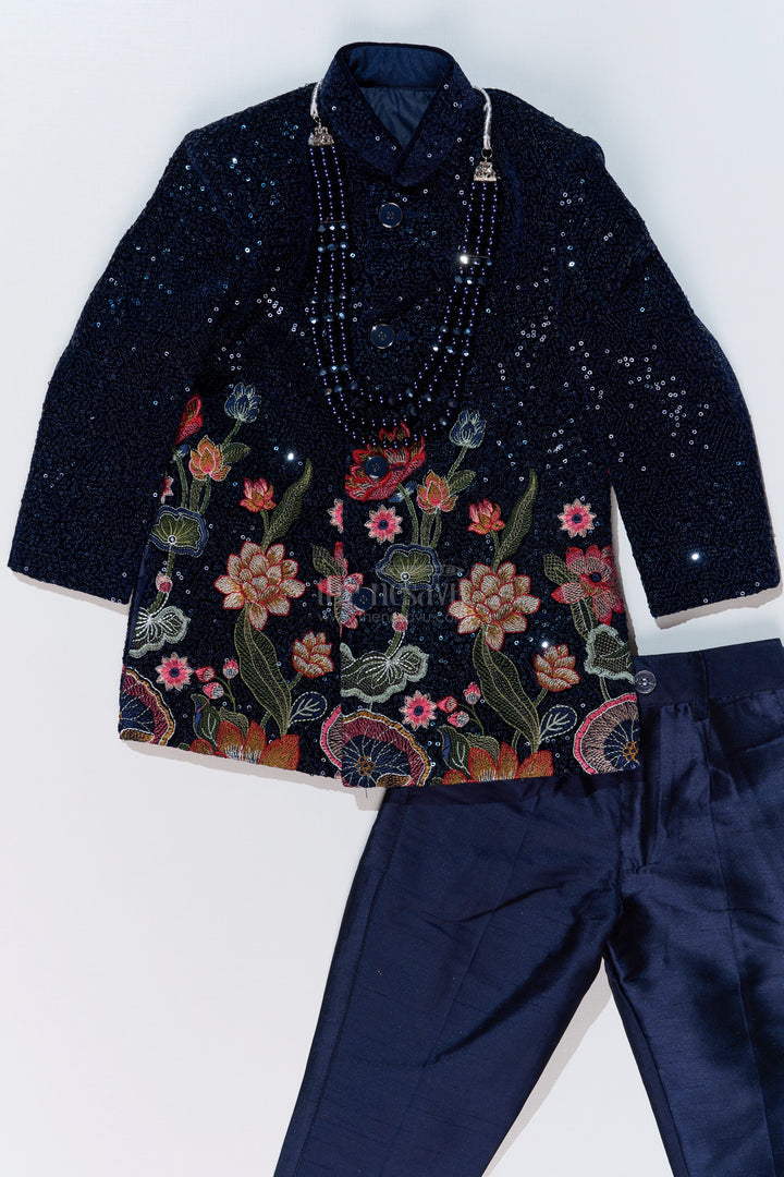 The Nesavu Boys Sherwani Luxurious Boys Sherwani Set with Velvet Designer Embroidery and Classic Black Pants Nesavu Nesavu Luxurious Boys Sherwani Set Velvet Designer Embroidery Classic Black Pants