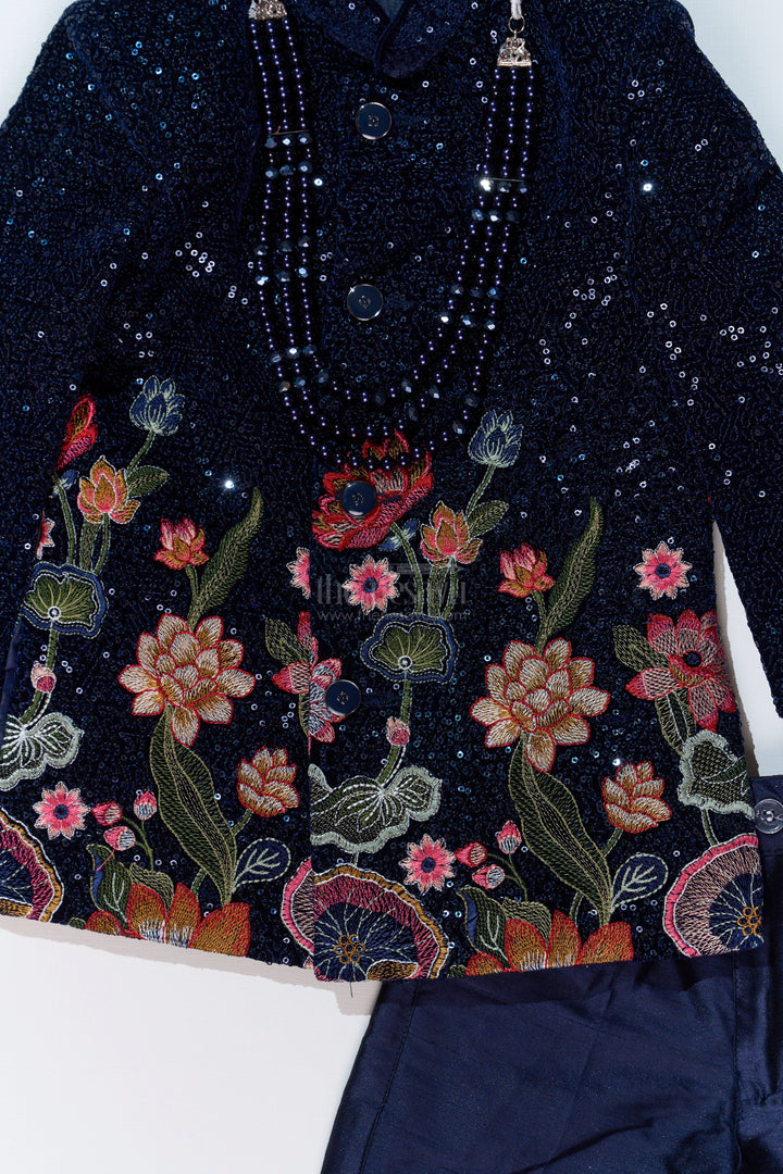 The Nesavu Boys Sherwani Luxurious Boys Sherwani Set with Velvet Designer Embroidery and Classic Black Pants Nesavu Nesavu Luxurious Boys Sherwani Set Velvet Designer Embroidery Classic Black Pants