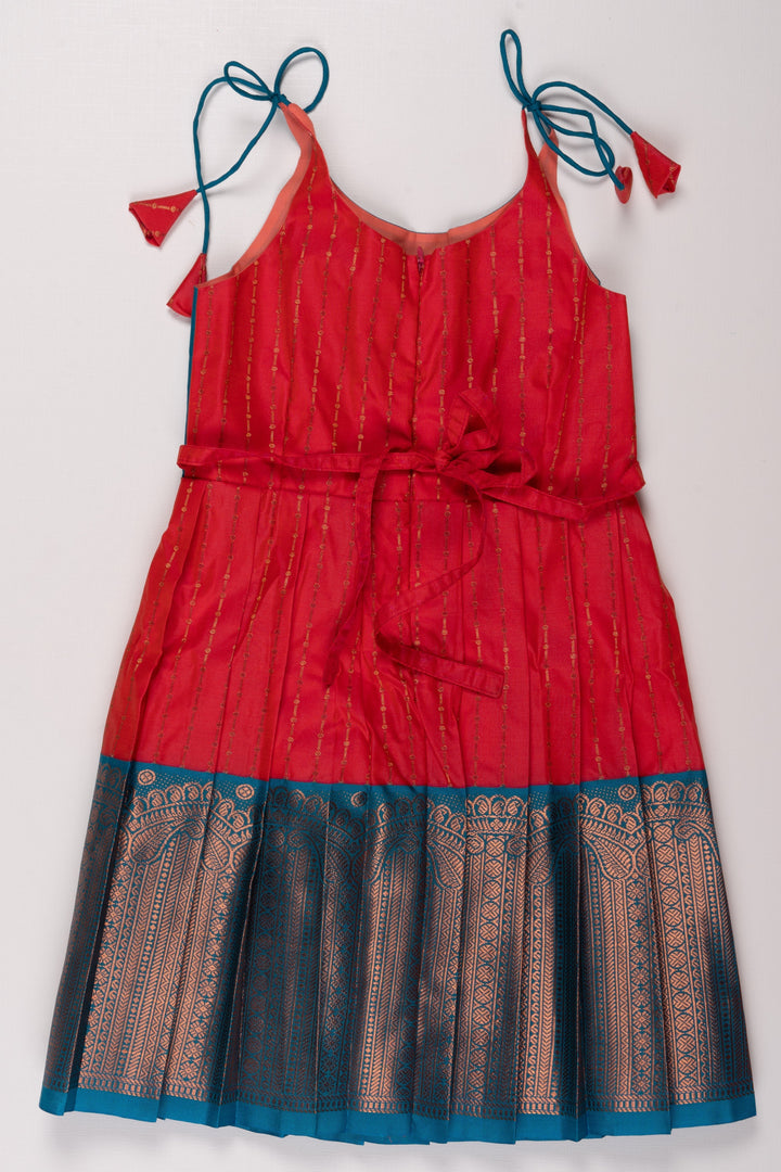 The Nesavu Tie Up Frock Luxurious Brocade Silk Tie-Up Frock - Radiant Red & Teal Elegance Nesavu Red & Teal Brocade Silk Frock | Chic Festive Wear | The Nesavu