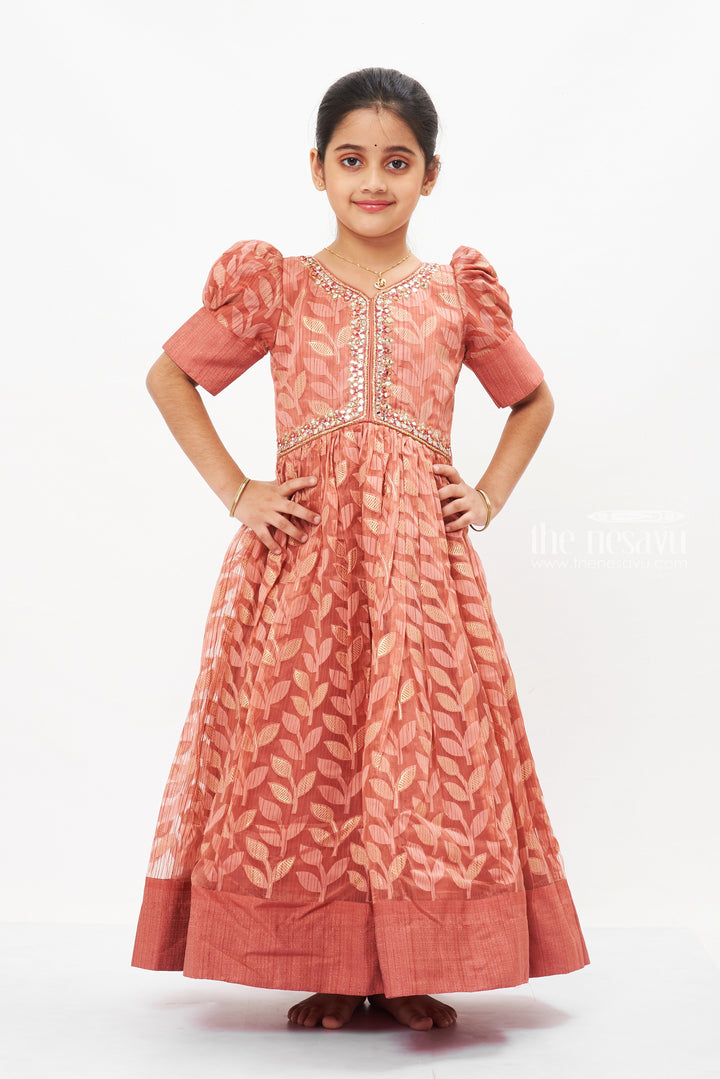 The Nesavu Girls Party Gown Luxurious Mauve Anarkali Gown for Girls - Festive Leaf Motif Design with Beading Nesavu Girls Mauve Anarkali Party Gown | Festive Wear for Ugadi and Diwali | The Nesavu