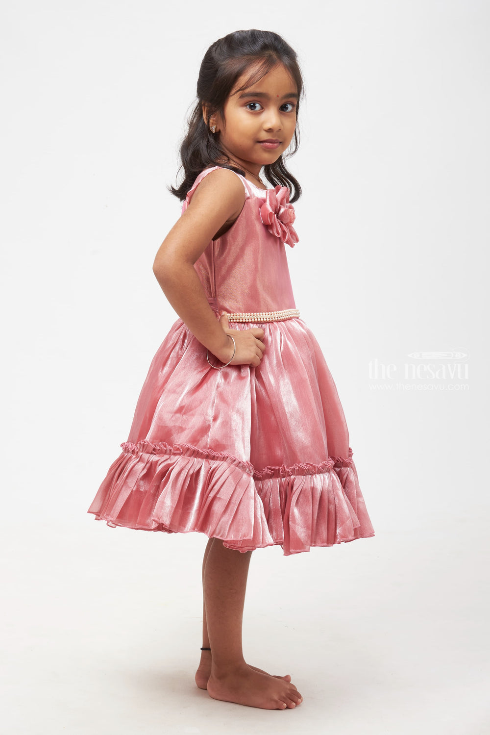 The Nesavu Girls Fancy Party Frock Luxurious Mauve Organza Dress with Floral Accent for Girls Nesavu Organza Dress with Floral Detail & Tiered Skirt - Premium Wear for Young Girls | The Nesavu