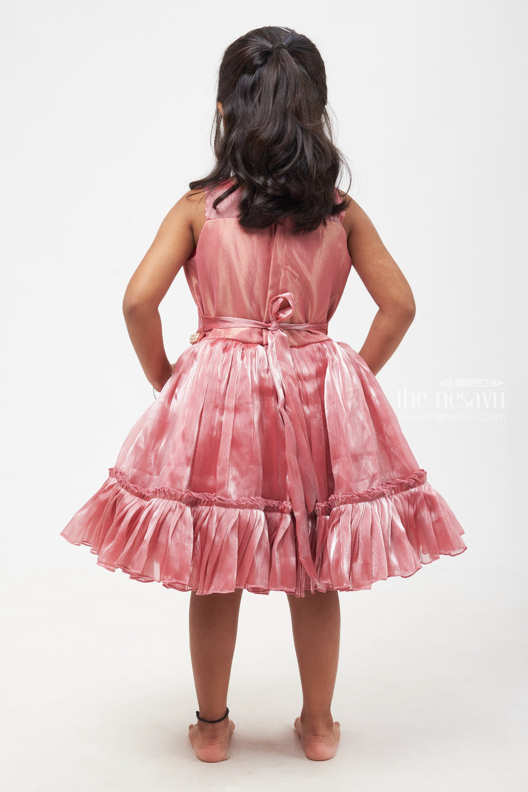 The Nesavu Girls Fancy Party Frock Luxurious Mauve Organza Dress with Floral Accent for Girls Nesavu Organza Dress with Floral Detail & Tiered Skirt - Premium Wear for Young Girls | The Nesavu
