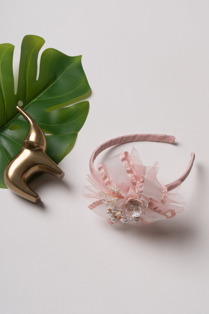 The Nesavu Hair Band Luxurious Pearl and Floral Embellished Hairbow in Blush Pink Nesavu Pink JHB77A Blush Pink Embellished Hairbow with Pearls and Floral Detail | The Nesavu
