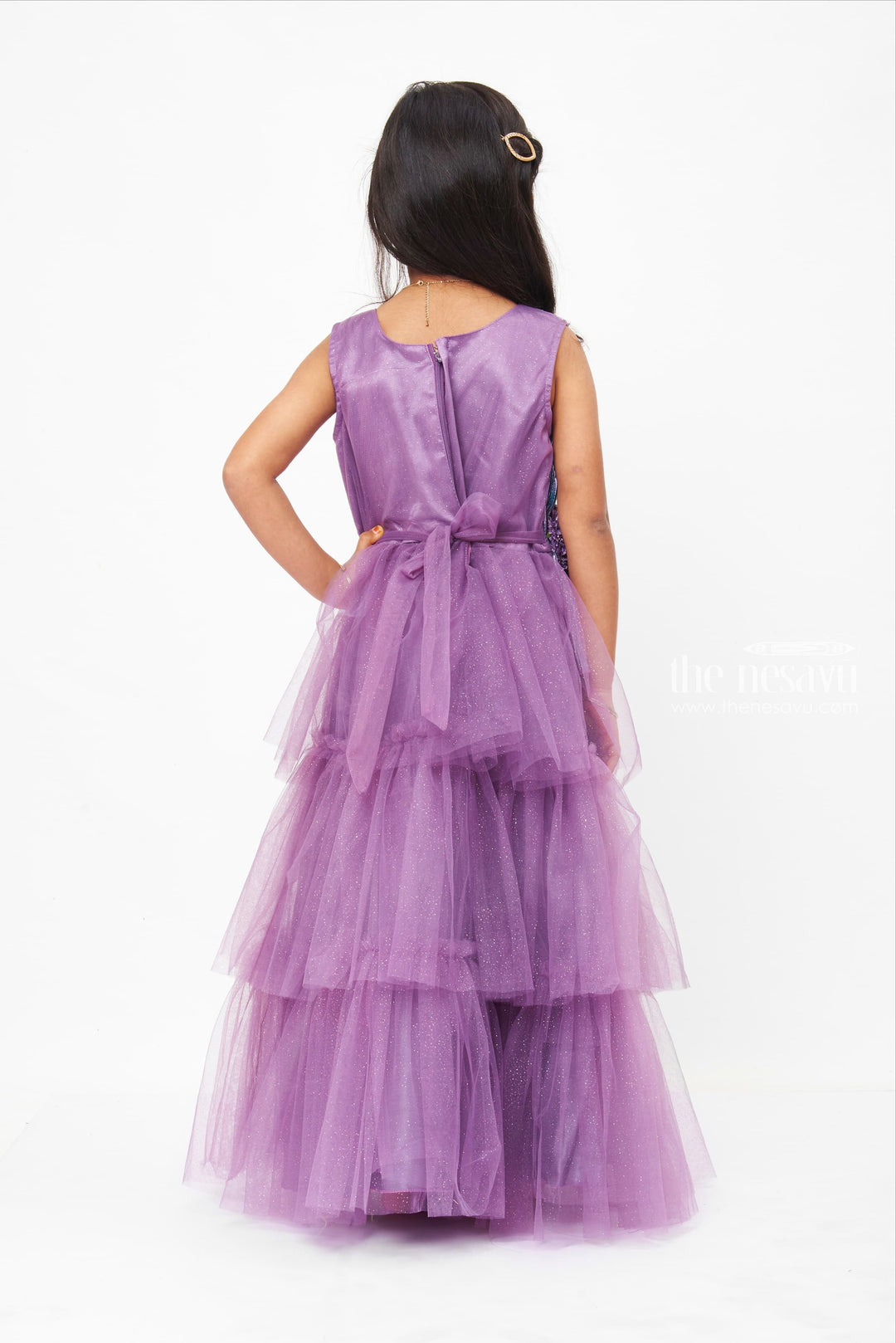 The Nesavu Girls Party Gown Luxurious Twilight Purple Party Gown with Embellished Pleated Fan Detail Nesavu Twilight Purple Party Gown | Embellished Pleated Evening Dress Online | The Nesavu
