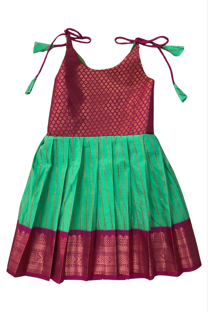 The Nesavu Tie-up Frock Magenta and Green Silk Tie-Up Frock - Traditional Party Dress Nesavu 14 (6M) / Green / Style 3 T297C-14 Silk Party Dress in Magenta & Emerald | Ethnic Print Tie-Up Frock | The Nesavu
