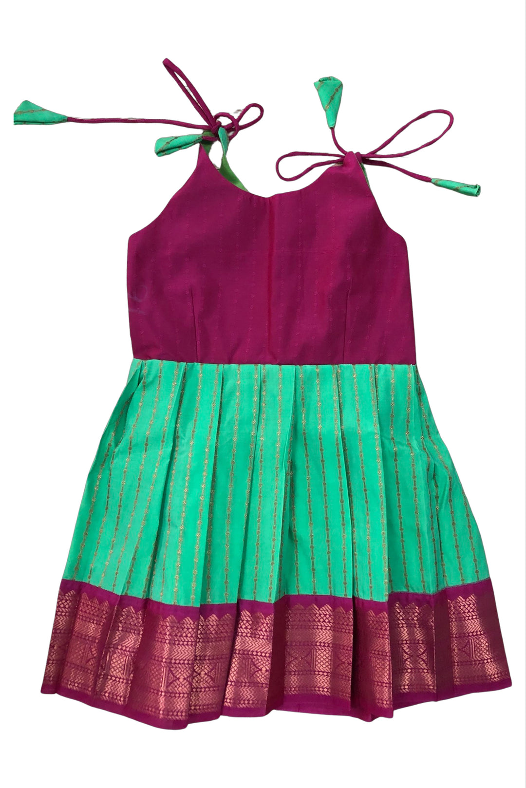 The Nesavu Tie-up Frock Magenta and Green Silk Tie-Up Frock - Traditional Party Dress Nesavu 16 (1Y) / Green / Style 4 T297D-16 Silk Party Dress in Magenta & Emerald | Ethnic Print Tie-Up Frock | The Nesavu