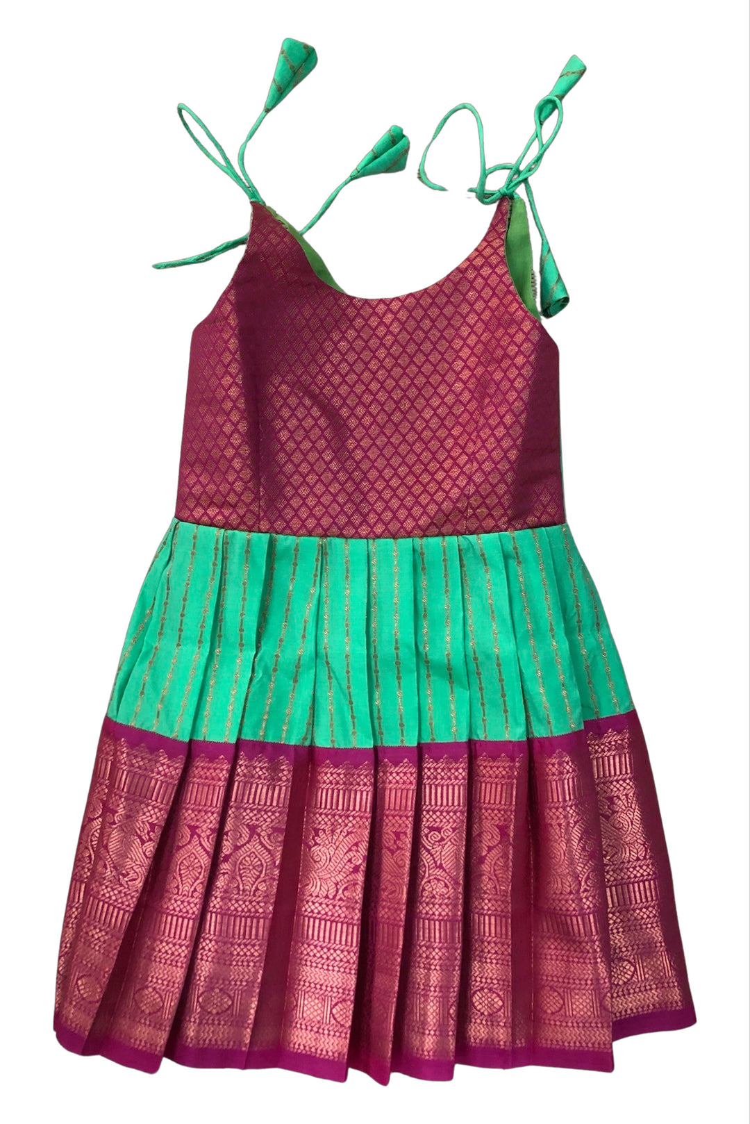 The Nesavu Tie-up Frock Magenta and Green Silk Tie-Up Frock - Traditional Party Dress Nesavu 18 (2Y) / Green / Style 1 T297A-18 Silk Party Dress in Magenta & Emerald | Ethnic Print Tie-Up Frock | The Nesavu