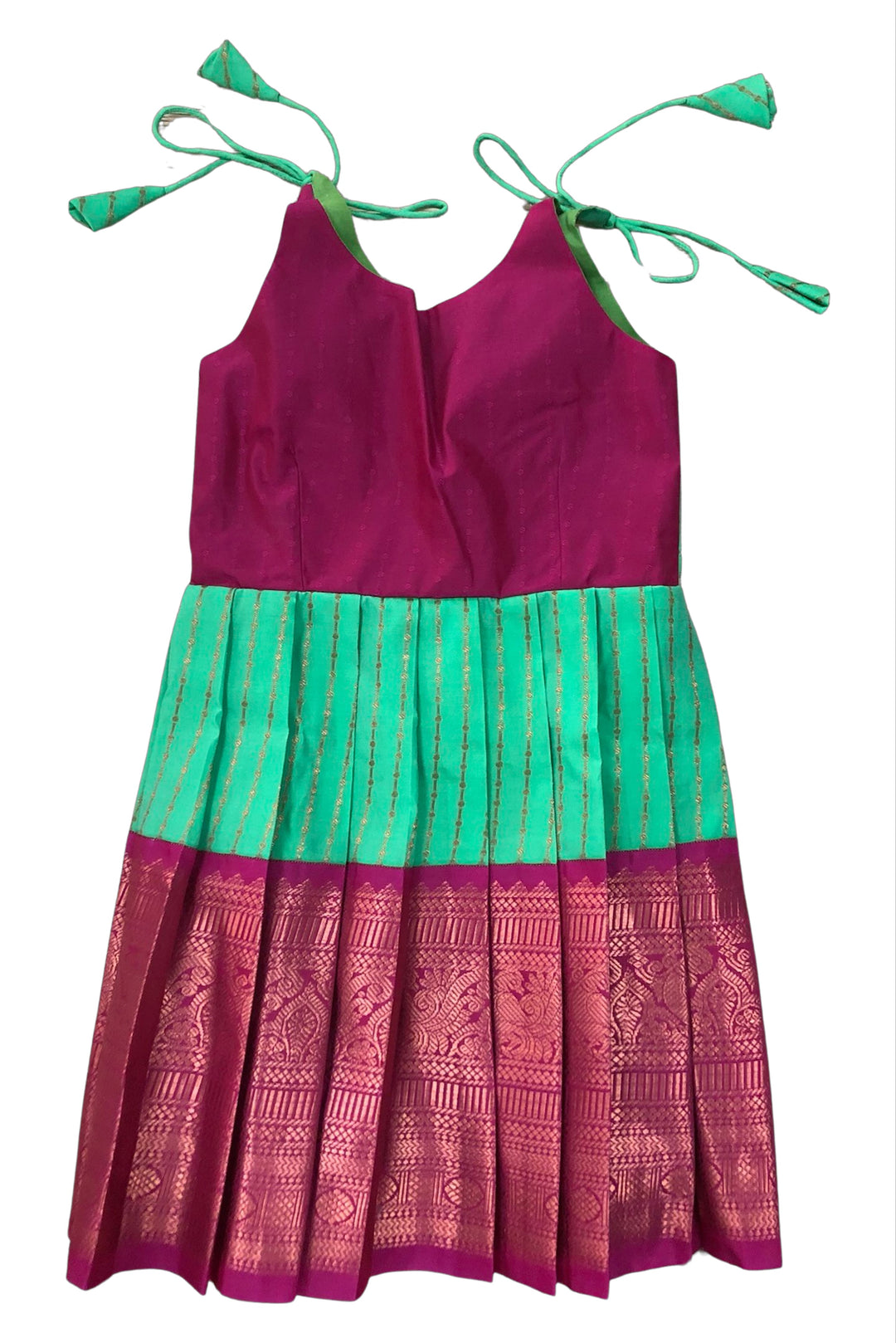 The Nesavu Tie-up Frock Magenta and Green Silk Tie-Up Frock - Traditional Party Dress Nesavu 18 (2Y) / Green / Style 2 T297B-18 Silk Party Dress in Magenta & Emerald | Ethnic Print Tie-Up Frock | The Nesavu