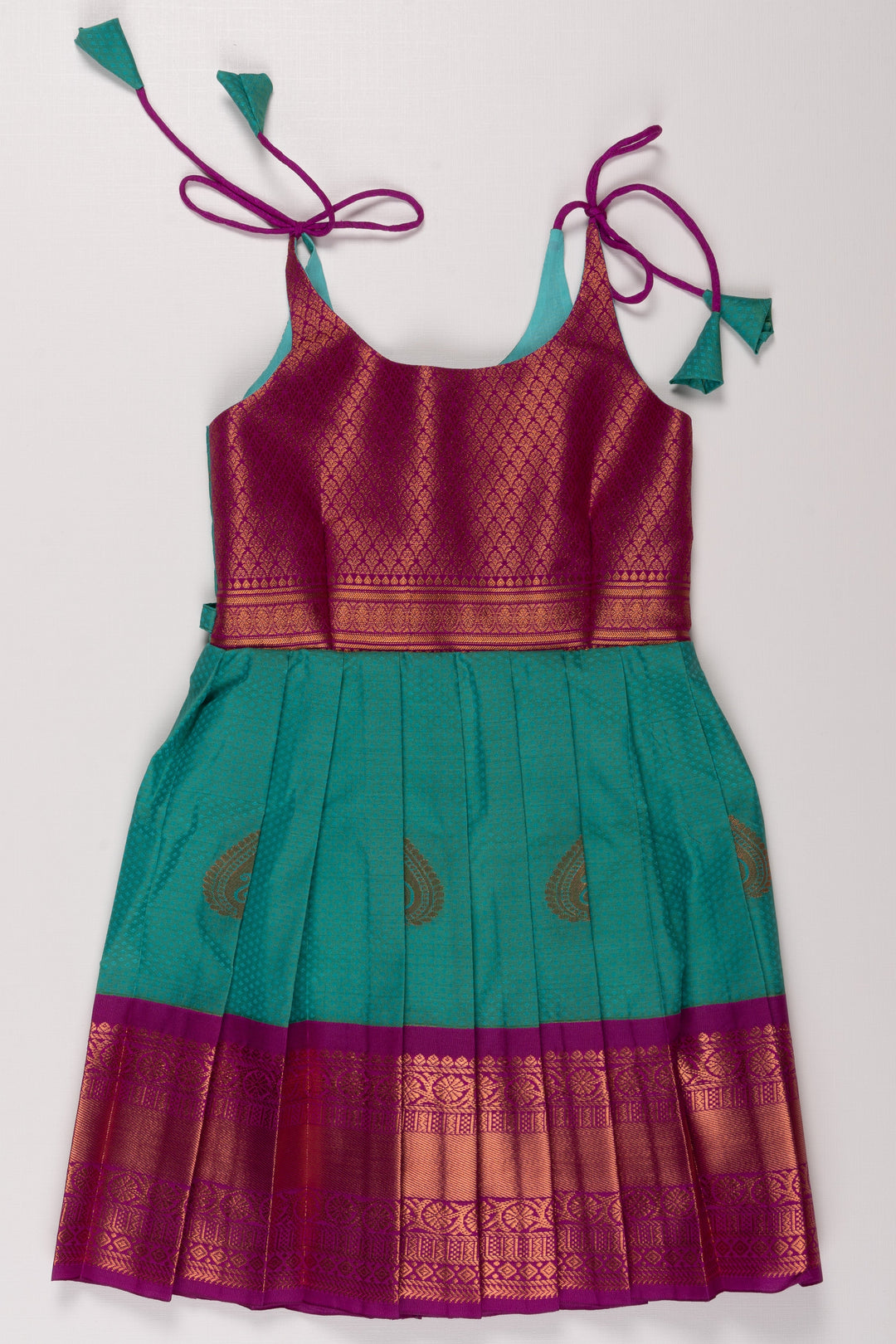 The Nesavu Tie Up Frock Magenta and Green Traditional Silk Frock with Tie-Up Detail Nesavu 20 (3Y) / Green / Style 2 T341B-20 Traditional Magenta & Green Silk Frock | Ethnic Festive Wear | The Nesavu