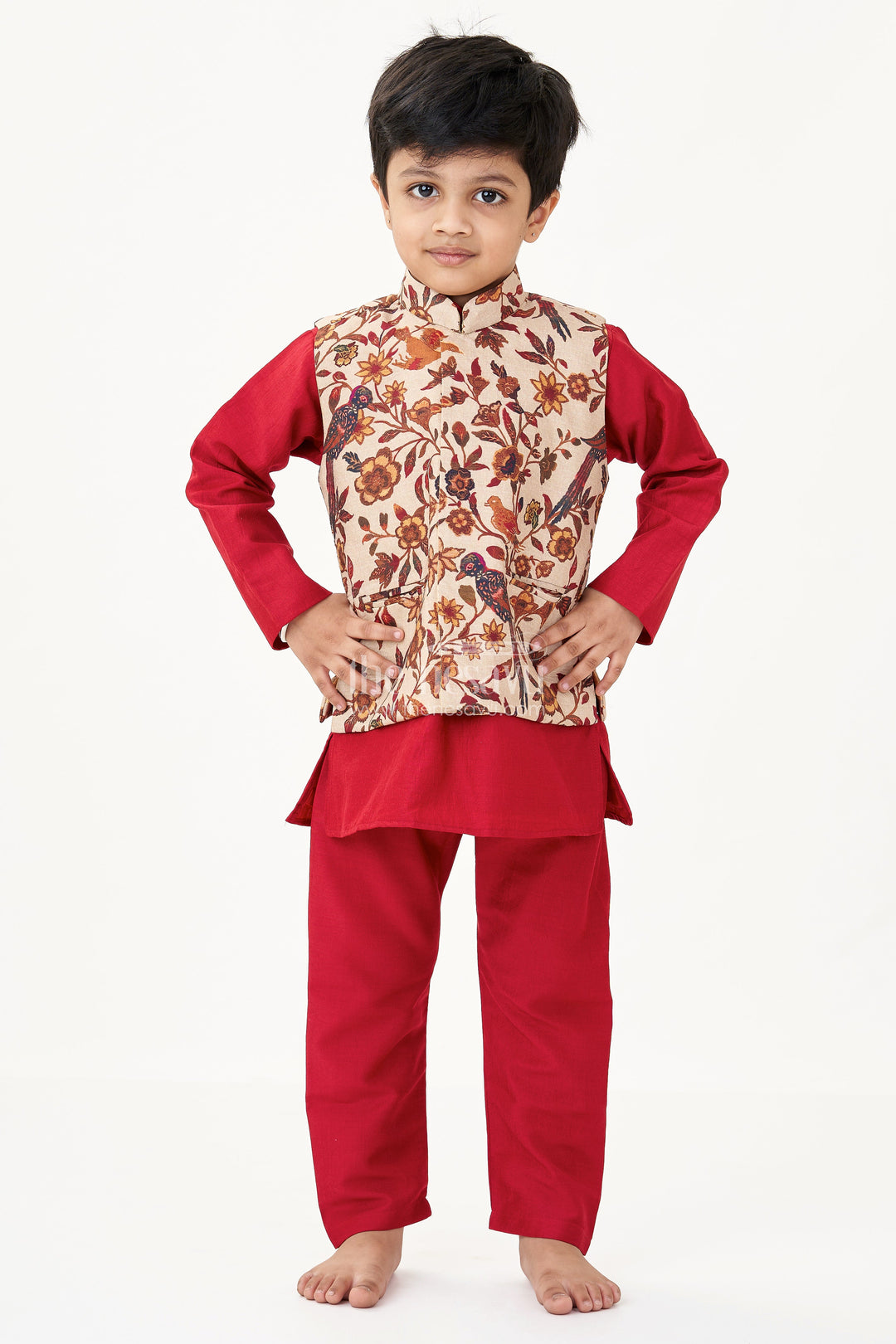 The Nesavu Boys Kurtha Set Magenta Kurta Set for Boys with Silk Blend Digital Print Jacket and Matching Pant Nesavu 14 (6M) / Maroon BES690A-14 Nesavu Magenta Kurta Boys Silk Blend Printed Jacket Traditional Pant Set