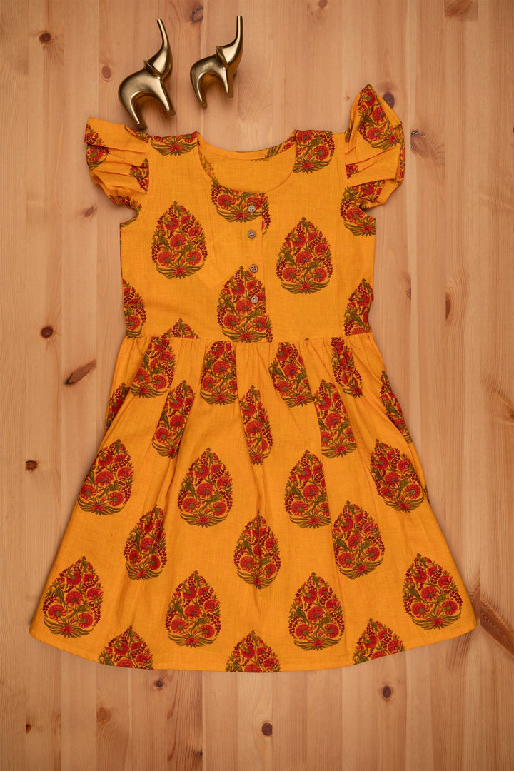 The Nesavu Frocks & Dresses Magnetic Yellow Mughal Floral Cotton Frock Nesavu 26 (6Y) / Yellow GFC974B-26 Latest Print Soft Cotton Frocks| Best Designs| The Nesavu