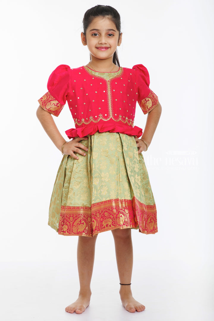 The Nesavu Silk Party Frock Majestic Magenta Banarasi Pattu Frock for Little Fashionistas Nesavu 16 (1Y) / Pink / Silk SF754A-16 Buy Magenta Banarasi Pattu Frock for Girls | Traditional & Trendy | The Nesavu