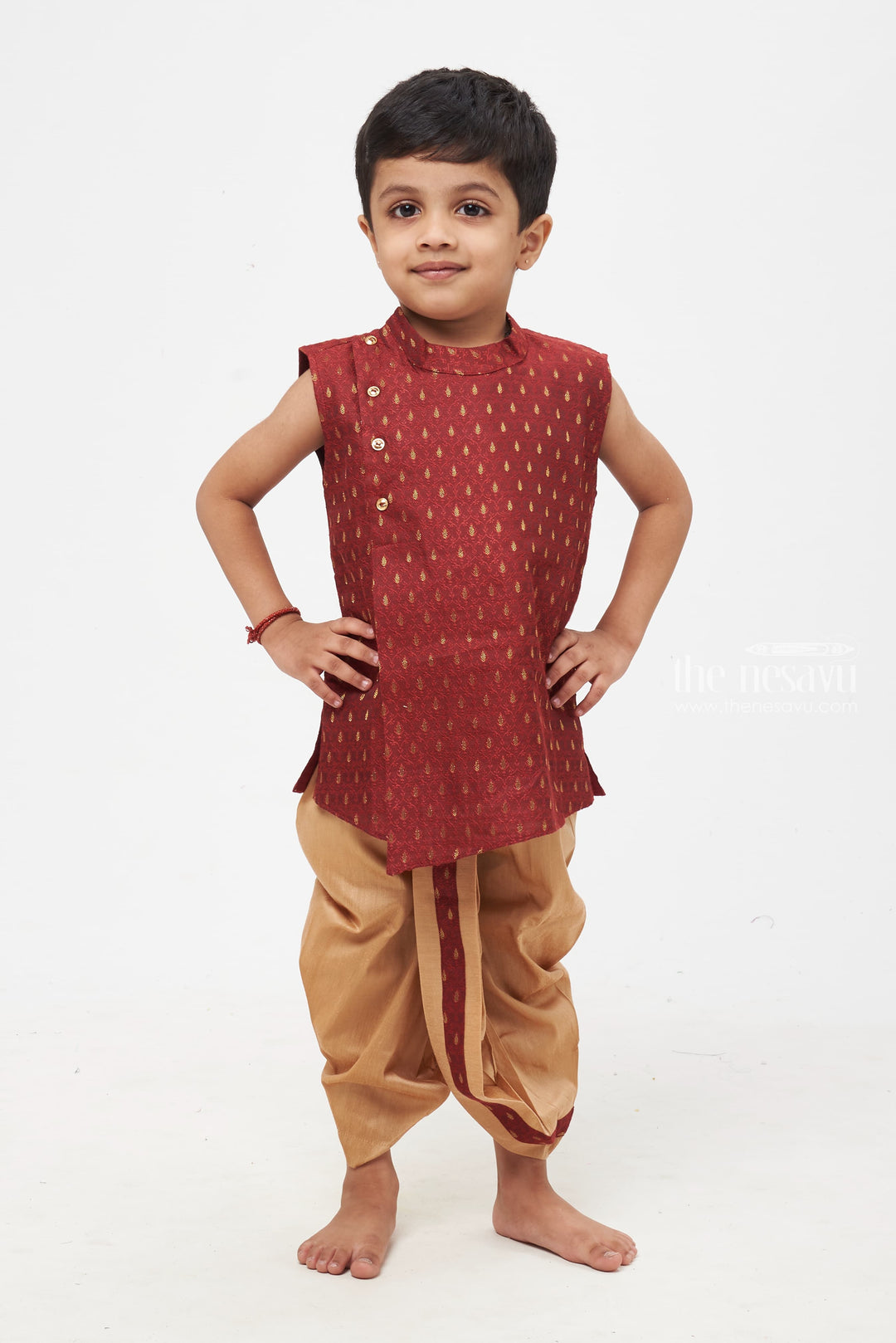 The Nesavu Boys Dothi Set Majestic Maroon Elegance: Boys' Paisley Patterned Vest with Neutral Beige Trousers Nesavu 12 (3M) / Maroon / Blend Silk BES414C-12 Boys Royal Maroon Kurta with Golden Panchagajam | Timeless Look for Traditional Events | The Nesavu