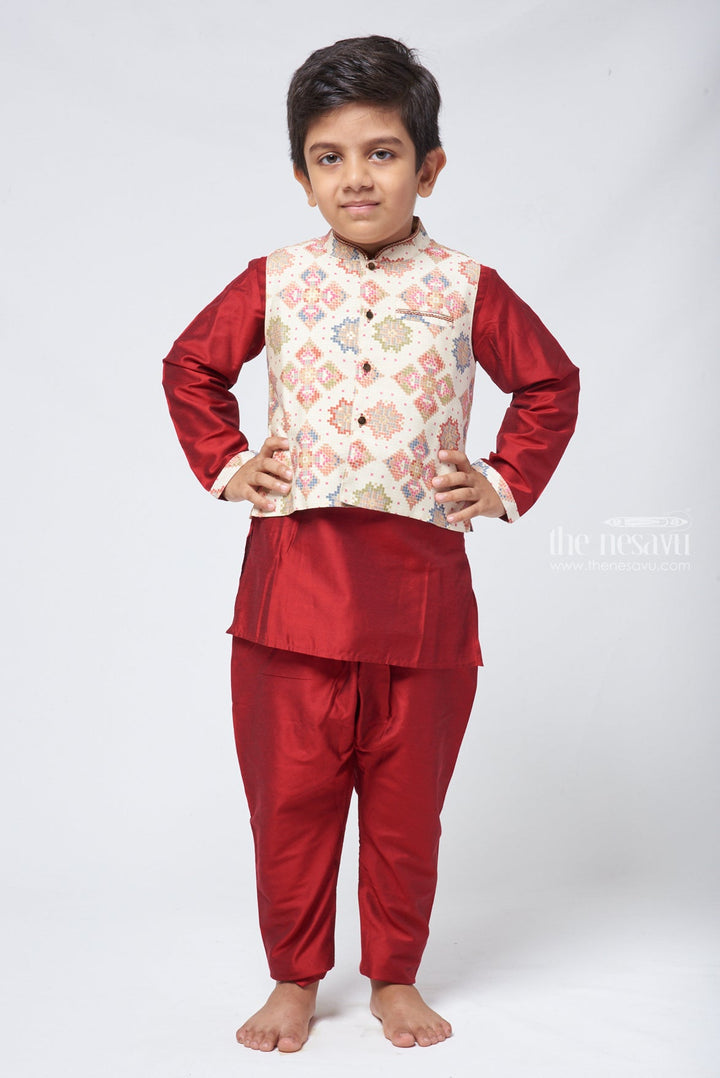 The Nesavu Boys Kurtha Set Majestic Maroon Kurta Set Boys Ethnic Jacket with Vibrant Multicolored Weave for Festive Elegance Nesavu 14 (6M) / Maroon / Dupioni Silk BES336B-14 Traditional Kurta Set | Boys Ethnic Kurta Set | The Nesavu