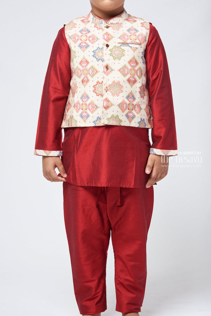 The Nesavu Boys Kurtha Set Majestic Maroon Kurta Set Boys Ethnic Jacket with Vibrant Multicolored Weave for Festive Elegance Nesavu Traditional Kurta Set | Boys Ethnic Kurta Set | The Nesavu