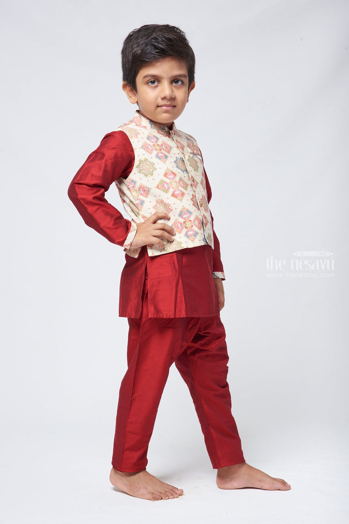 The Nesavu Boys Kurtha Set Majestic Maroon Kurta Set Boys Ethnic Jacket with Vibrant Multicolored Weave for Festive Elegance Nesavu Traditional Kurta Set | Boys Ethnic Kurta Set | The Nesavu