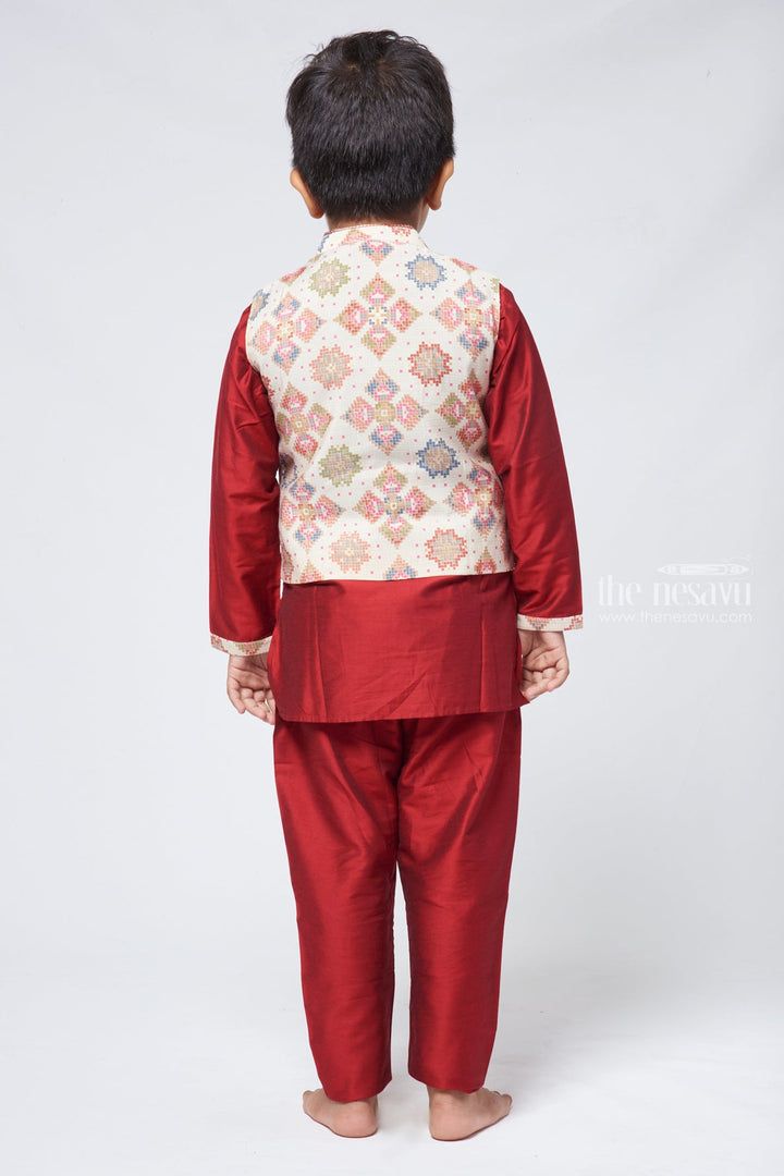 The Nesavu Boys Kurtha Set Majestic Maroon Kurta Set Boys Ethnic Jacket with Vibrant Multicolored Weave for Festive Elegance Nesavu Traditional Kurta Set | Boys Ethnic Kurta Set | The Nesavu
