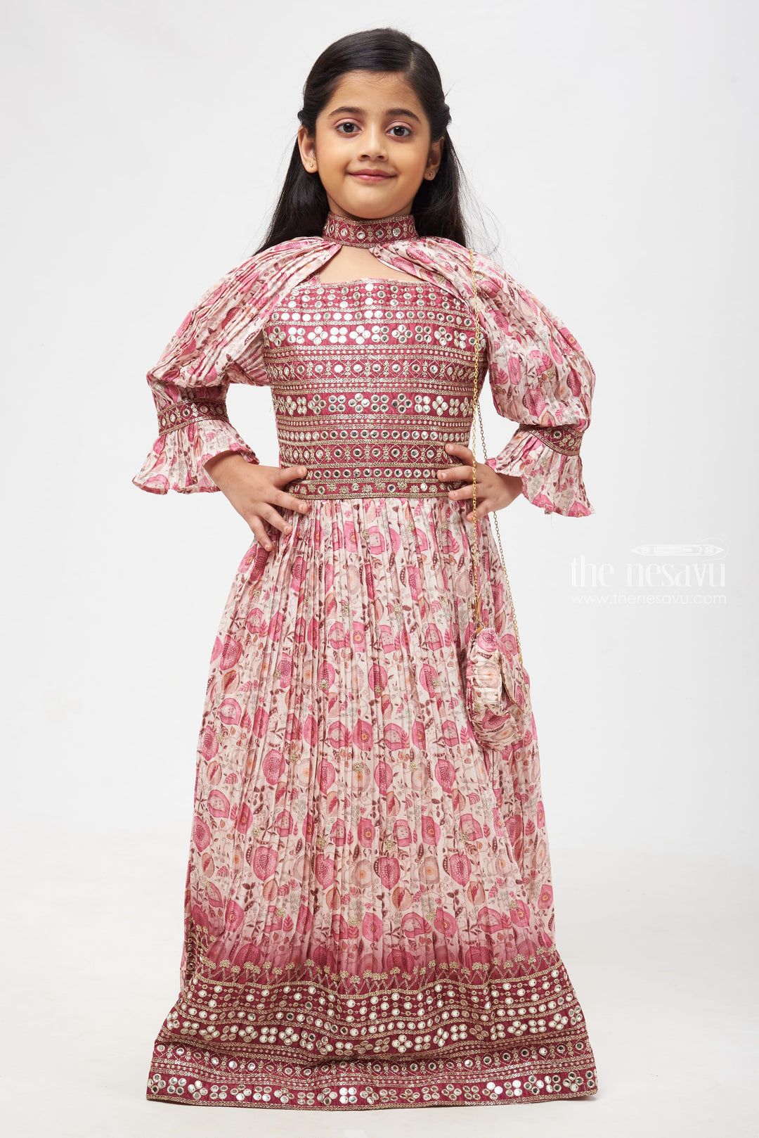 The Nesavu Girls Party Gown Majestic Paisley Diwali Anarkali Gown with Enchanting Bohemian Details for Girls Nesavu 24 (5Y) / Pink / Georgette GA174A-24 Bohemian Floral Anarkali Gown | Diwali Festive Girls Wear Collection | The Nesavu