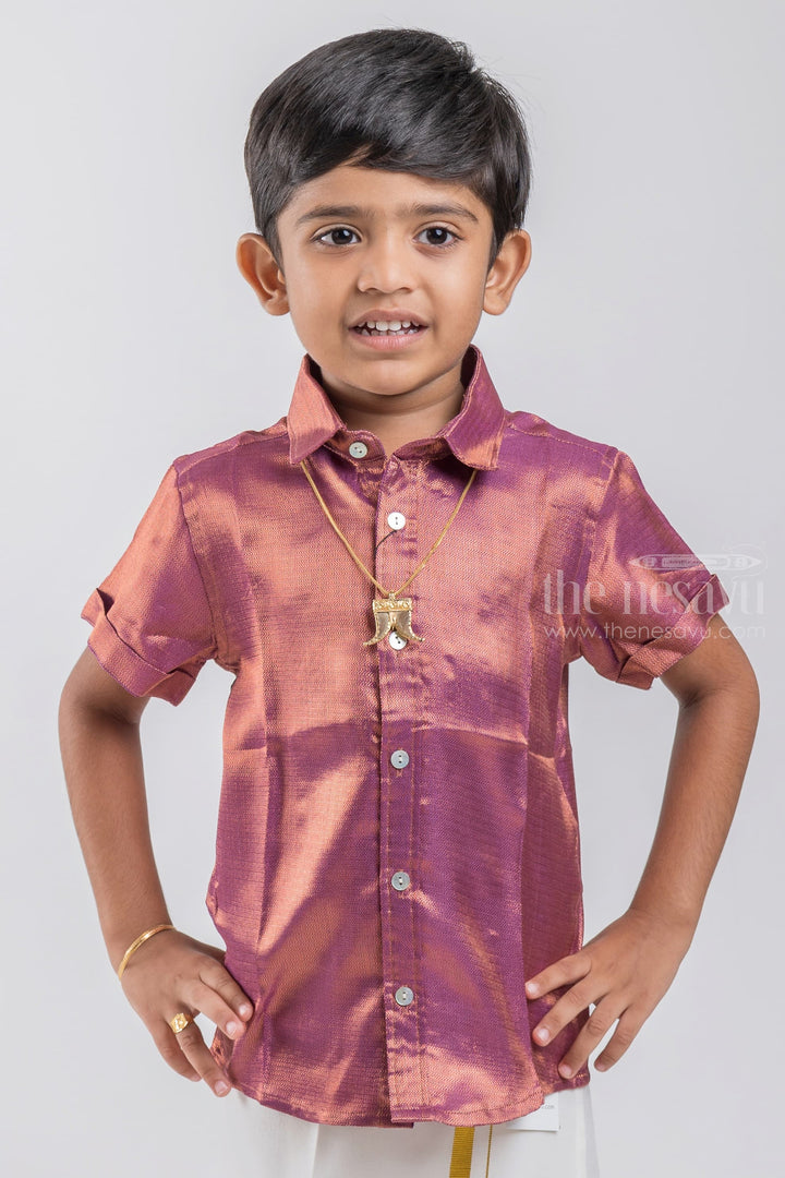 The Nesavu Boys Silk Shirt Majestic Pink Boys Pattu Zari Jacquard Shirt psr silks Nesavu 14 (6M) / Pink BS031