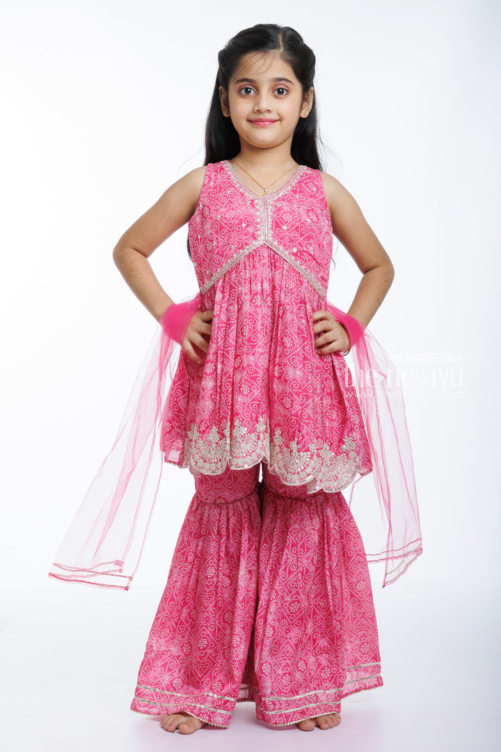 The Nesavu Girls Sharara / Plazo Set Majestic Pink Princess: Girls Bandhani-Inspired Kurti with Palazzo Set Nesavu 16 (1Y) / Pink / Chinnon GPS301A-16 Buy Girls Pink Bandhani Print Kurti & Palazzo Set | Sparkle in Style | The Nesavu