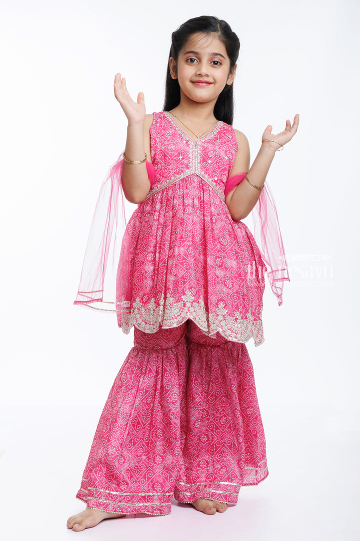 The Nesavu Girls Sharara / Plazo Set Majestic Pink Princess: Girls Bandhani-Inspired Kurti with Palazzo Set Nesavu Buy Girls Pink Bandhani Print Kurti & Palazzo Set | Sparkle in Style | The Nesavu