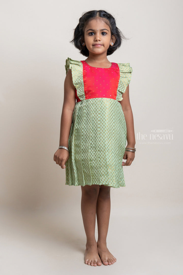 The Nesavu Silk Frock Majestic Pink Resham Yoke & Intricate Brocade Pleated Ensemble A Regal Choice for Young Divas. Nesavu 22 (4Y) / Green SF471C-22 Stylish Frock For Girls | Silk Frock For girls | The Nesavu