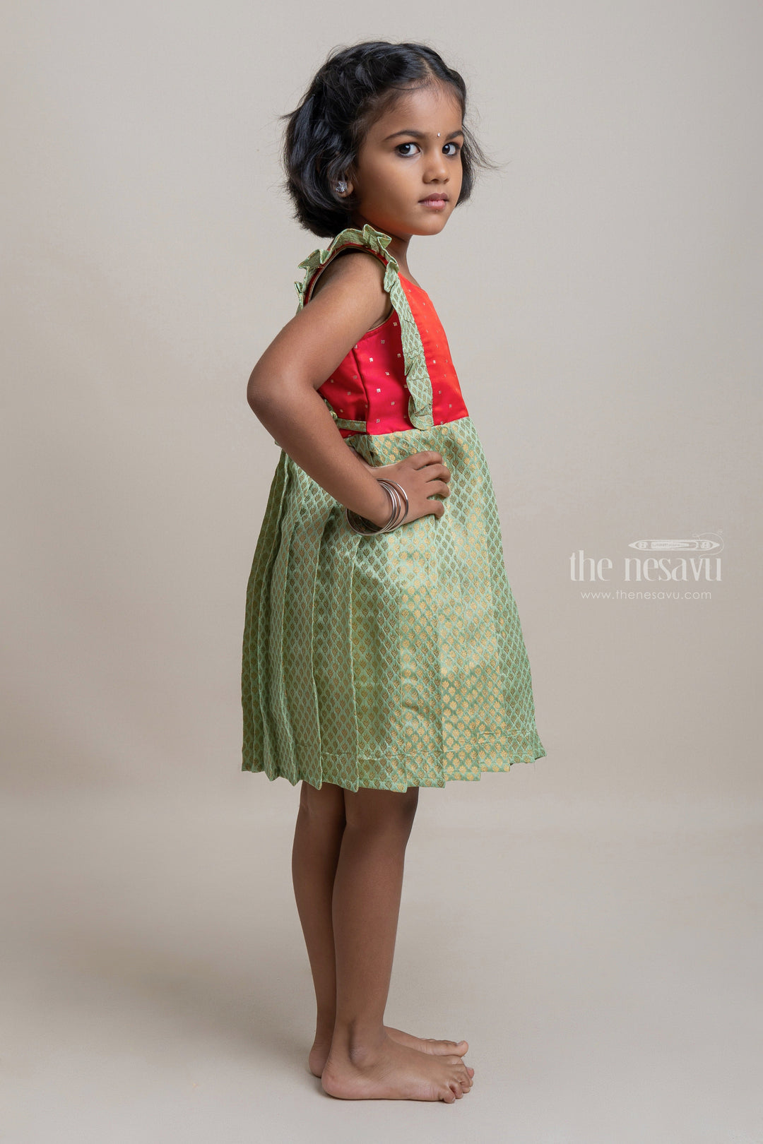 The Nesavu Silk Frock Majestic Pink Resham Yoke & Intricate Brocade Pleated Ensemble A Regal Choice for Young Divas. Nesavu Stylish Frock For Girls | Silk Frock For girls | The Nesavu