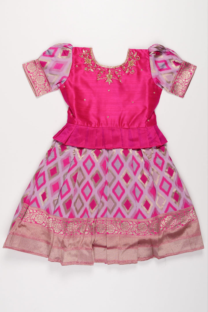 The Nesavu Silk Party Frock Majestic Pink Silk Frock with Geometric Ikat Skirt for Girls Nesavu 16 (1Y) / Pink SF733A-16 Girls Pink Silk Frock with Ikat Print | Elegant Festive Wear | The Nesavu