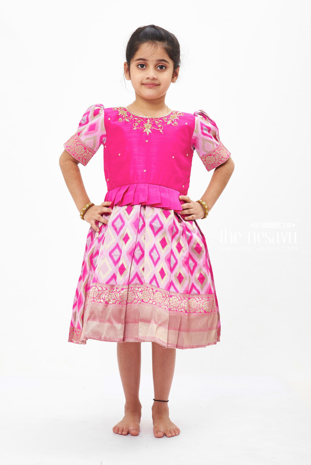 The Nesavu Silk Party Frock Majestic Pink Silk Frock with Geometric Ikat Skirt for Girls Nesavu 16 (1Y) / Pink SF733A-16 Girls Pink Silk Frock with Ikat Print | Elegant Festive Wear | The Nesavu