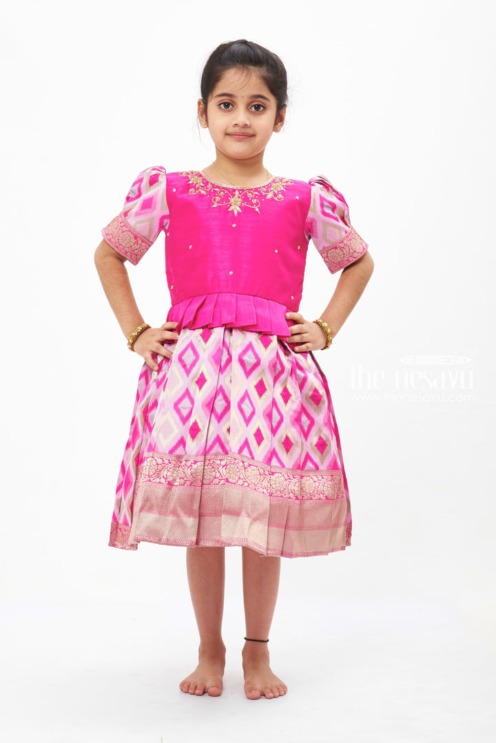 The Nesavu Silk Party Frock Majestic Pink Silk Frock with Geometric Ikat Skirt for Girls Nesavu 16 (1Y) / Pink SF733A-16 Girls Pink Silk Frock with Ikat Print | Elegant Festive Wear | The Nesavu