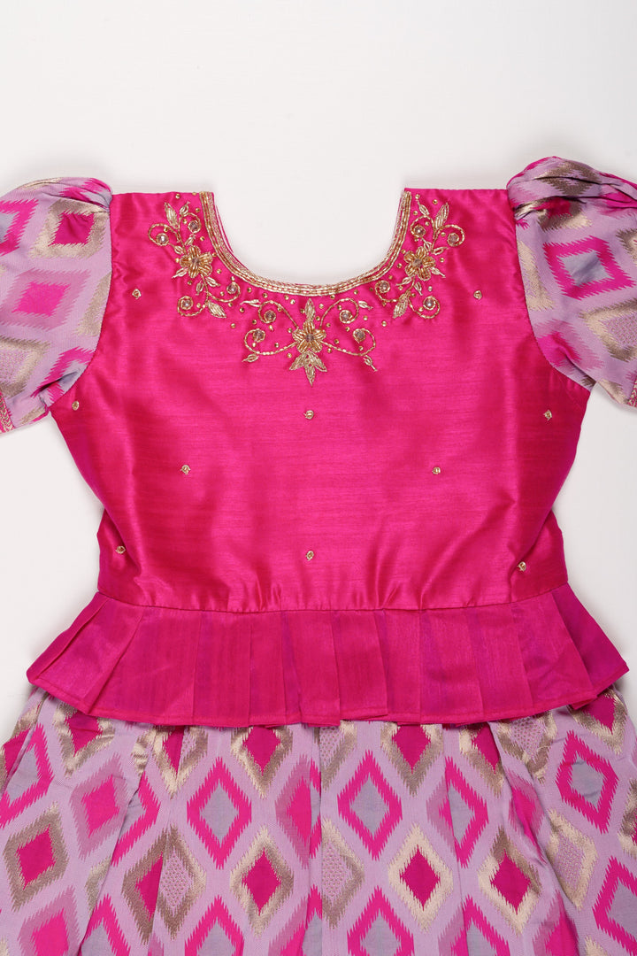 The Nesavu Silk Party Frock Majestic Pink Silk Frock with Geometric Ikat Skirt for Girls Nesavu Girls Pink Silk Frock with Ikat Print | Elegant Festive Wear | The Nesavu