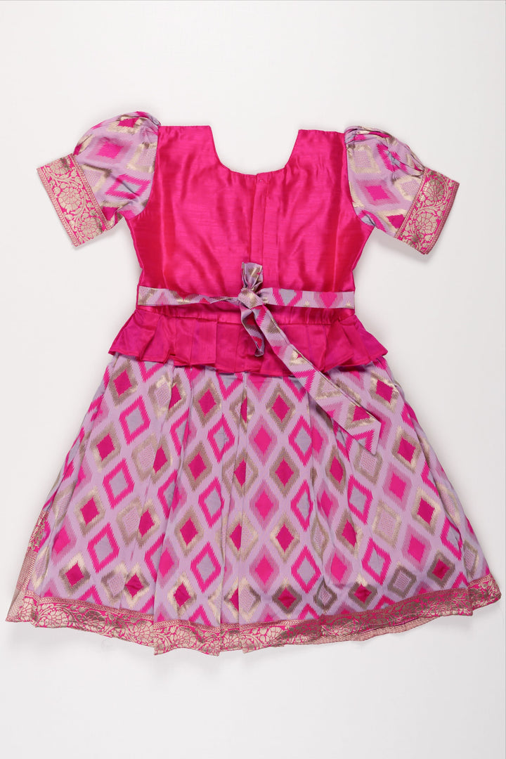 The Nesavu Silk Party Frock Majestic Pink Silk Frock with Geometric Ikat Skirt for Girls Nesavu Girls Pink Silk Frock with Ikat Print | Elegant Festive Wear | The Nesavu