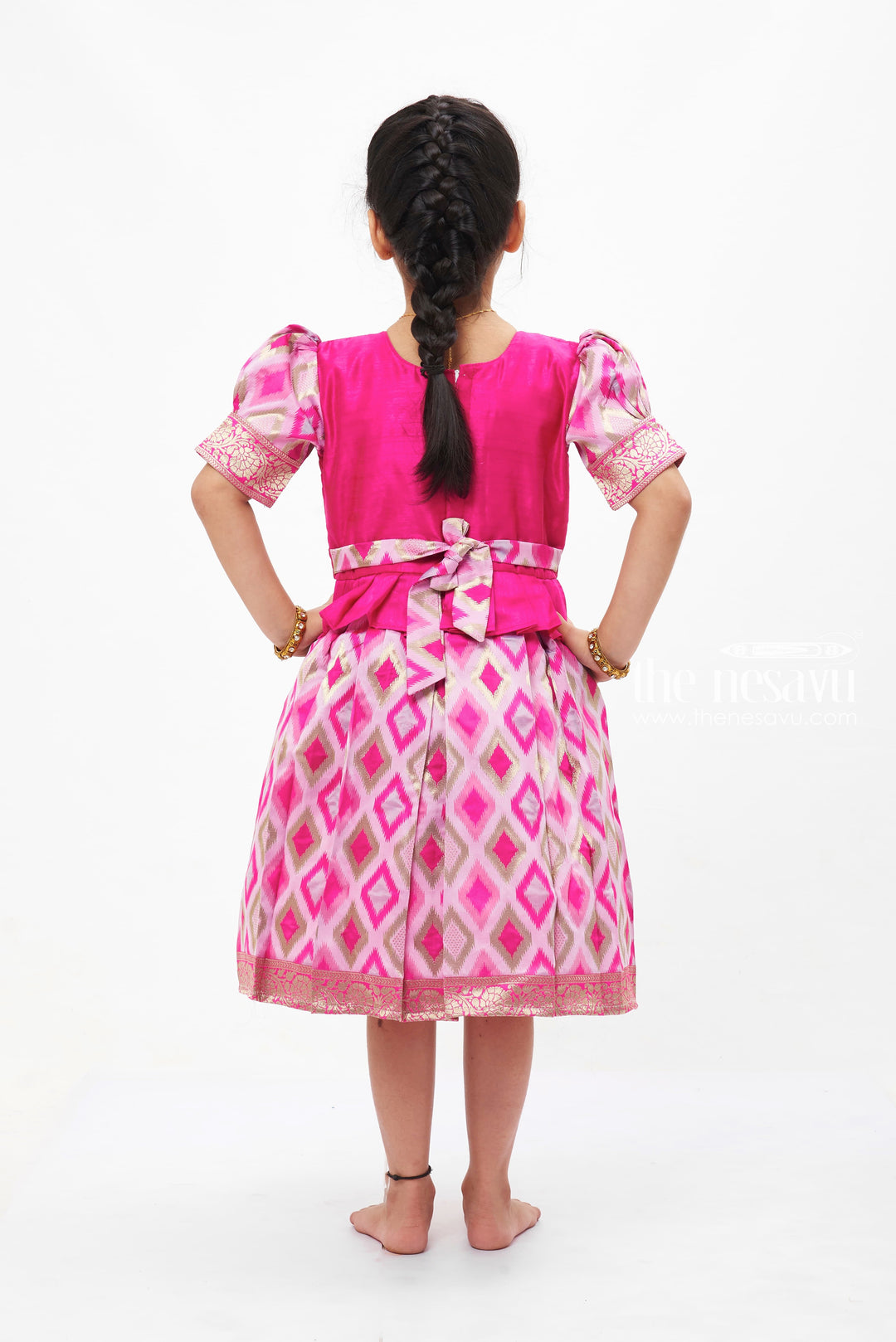 The Nesavu Silk Party Frock Majestic Pink Silk Frock with Geometric Ikat Skirt for Girls Nesavu Girls Pink Silk Frock with Ikat Print | Elegant Festive Wear | The Nesavu