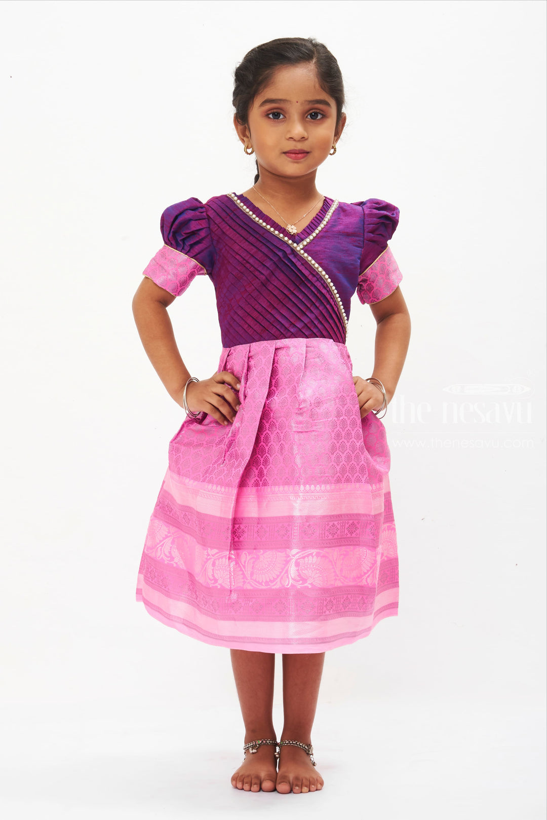 The Nesavu Silk Frock Majestic Purple & Pink Dress: Traditional Indian Wear with Modern Flair for Girls Nesavu 14 (6M) / Purple / Style 1 SF727A-14 Girls Traditional Dress | Elegant Indian Silk Frock for Kids | The Nesavu