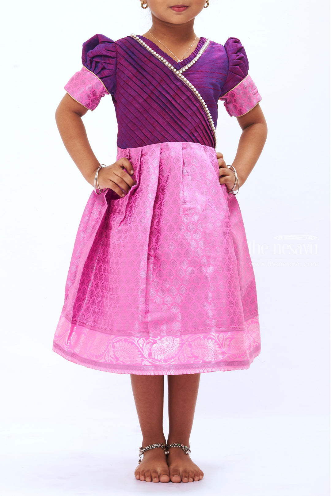 The Nesavu Silk Frock Majestic Purple & Pink Dress: Traditional Indian Wear with Modern Flair for Girls Nesavu Girls Traditional Dress | Elegant Indian Silk Frock for Kids | The Nesavu