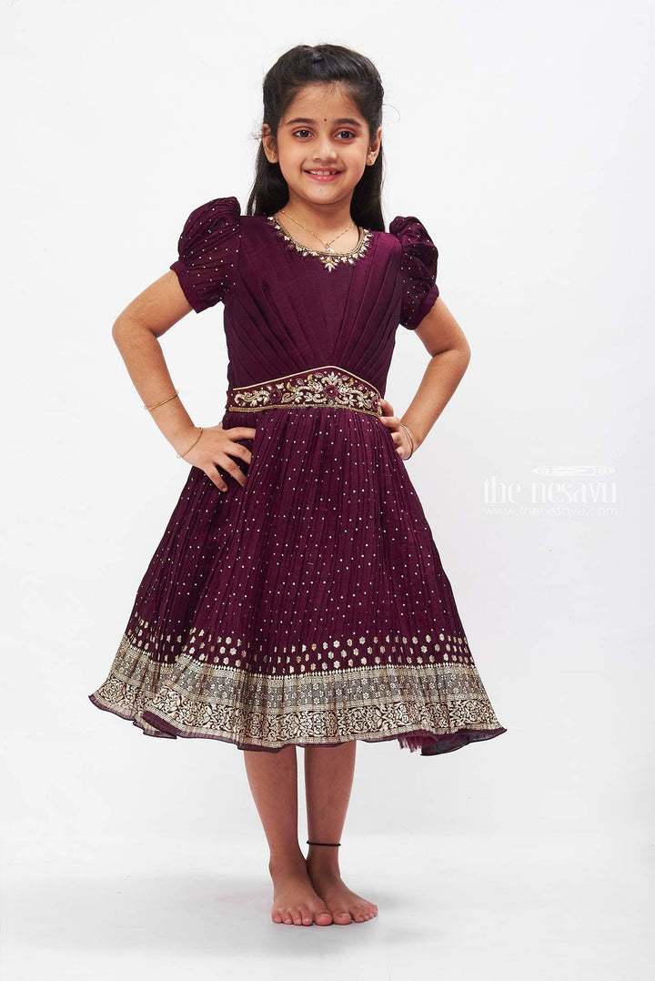 The Nesavu Silk Party Frock Majestic Purple Silk Party Frock with Golden Detailing Nesavu 18 (2Y) / Purple / Blend Silk SF745B-18 Purple Silk Frock for Girls | Elegant Party Wear with Golden Prints | The Nesavu