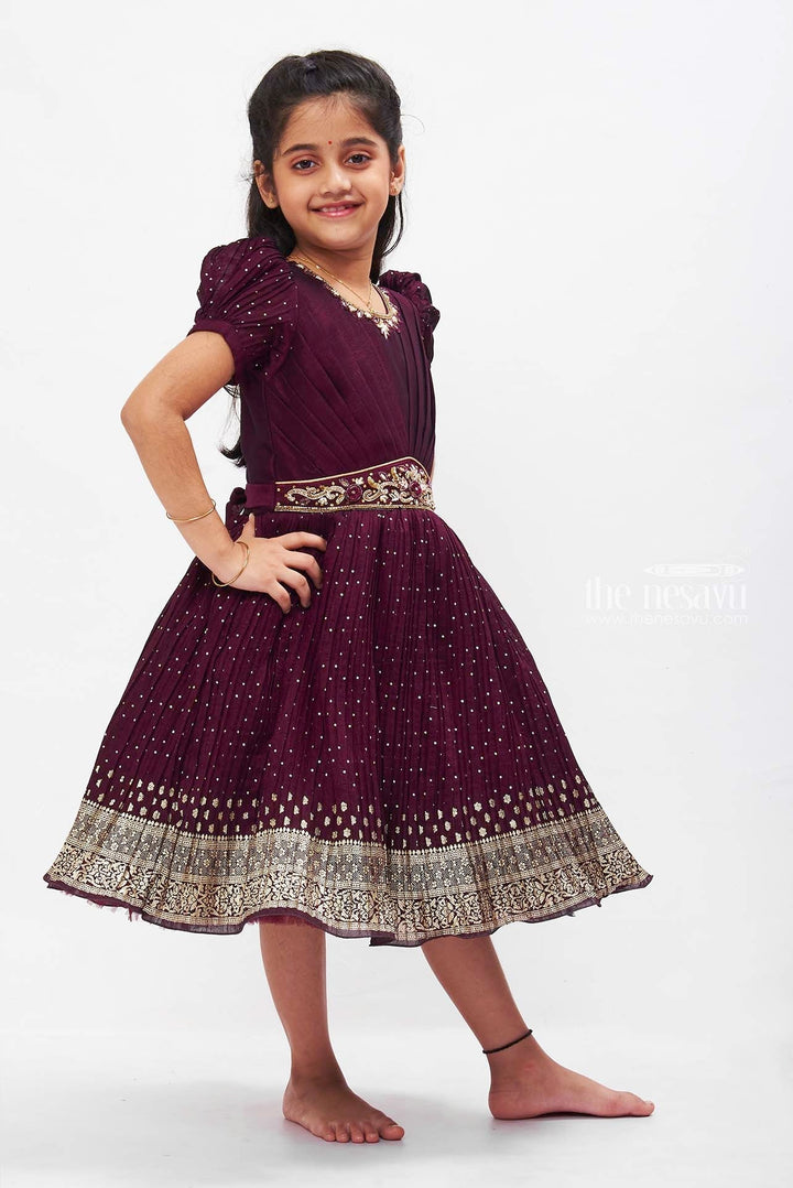 The Nesavu Silk Party Frock Majestic Purple Silk Party Frock with Golden Detailing Nesavu Purple Silk Frock for Girls | Elegant Party Wear with Golden Prints | The Nesavu